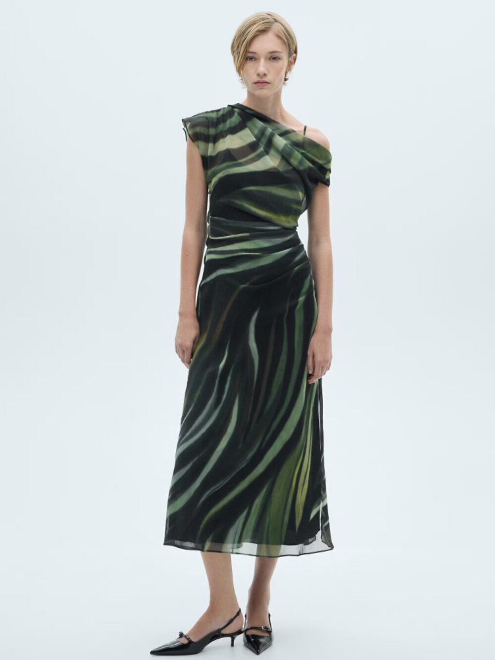 Mango Black and Green Draped Dress